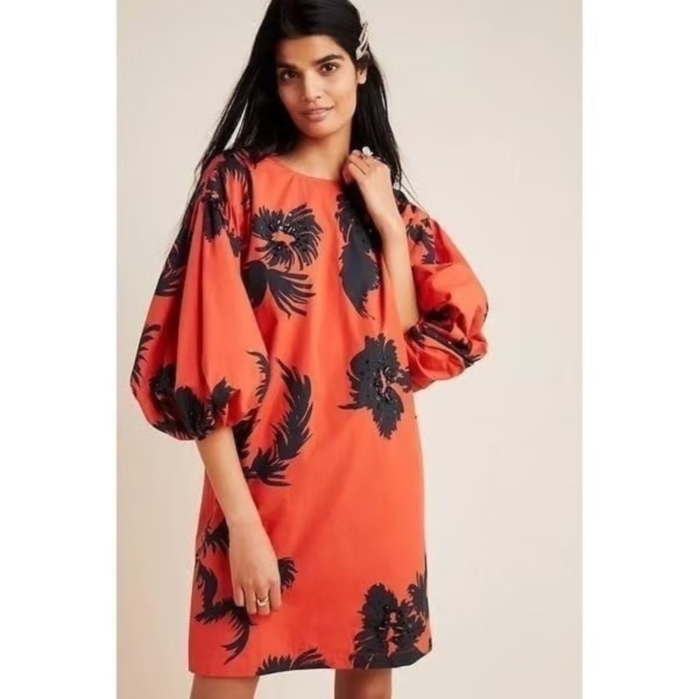 Atsu Riviera Red Black Floral Sequin Puff Sleeve Bow Back Dress XS